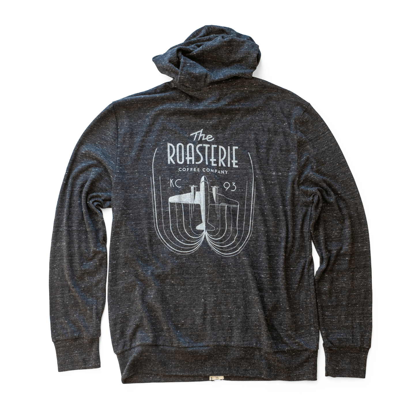 Upright DC-3 Hoodie Zipper Hoodie featuring a charcoal gray full-zip design with The Roasterie logo and vintage aircraft illustration in white print. Classic KC 93 branding displayed within an art deco-inspired circular emblem on a comfortable heathered fabric.